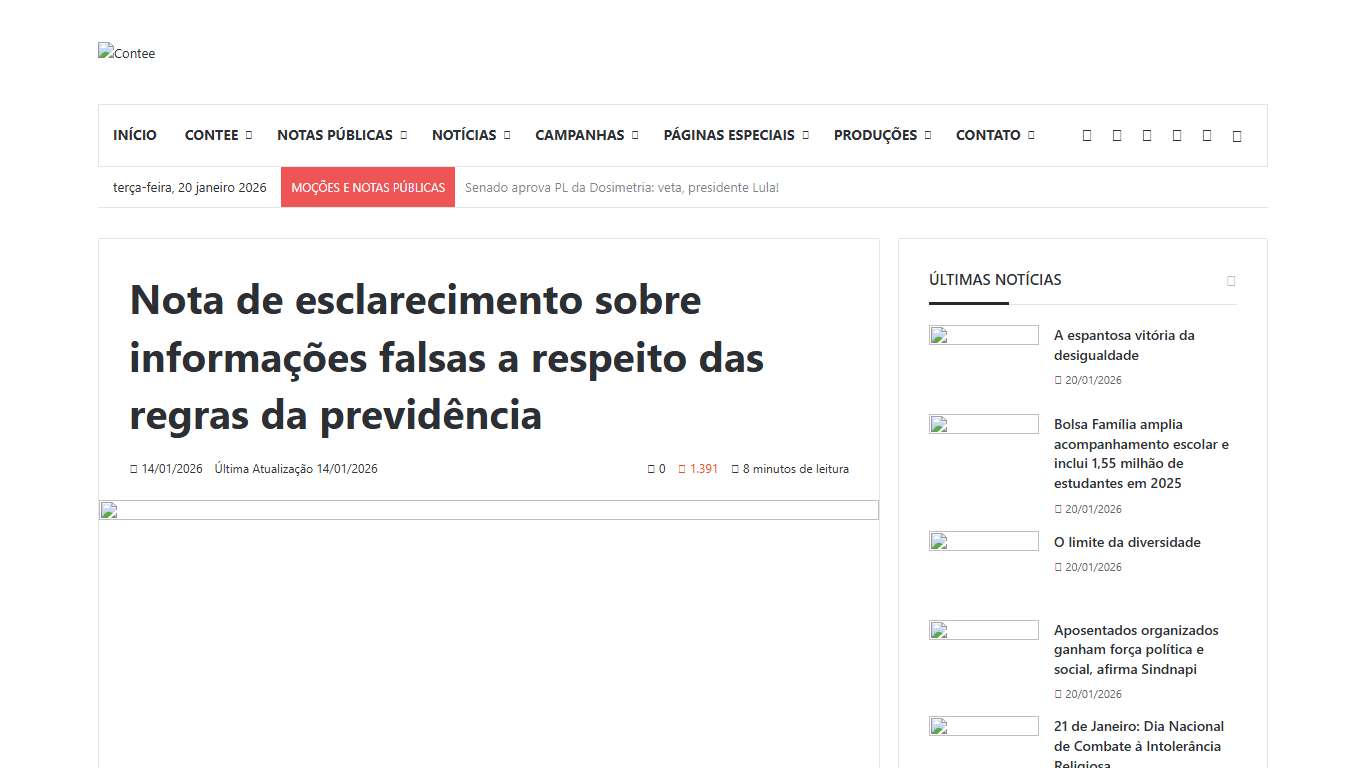 Nota de esclarecimento sobre informações falsas a respeito das regras da previdência – CONTEE